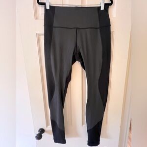 Lululemon- wide waist, black leggings w/ faux “leather like” front panel